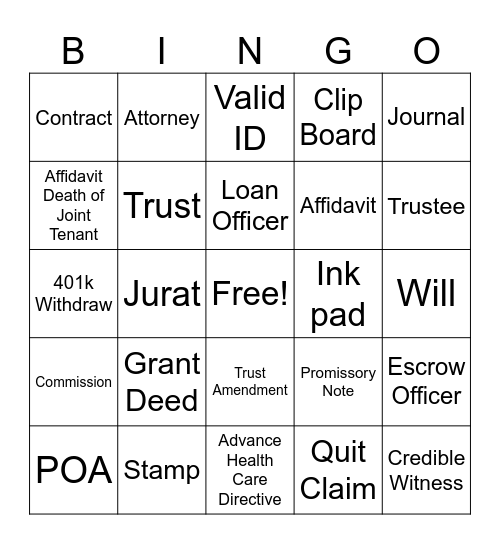 Ca Notary Lingo Bingo Card