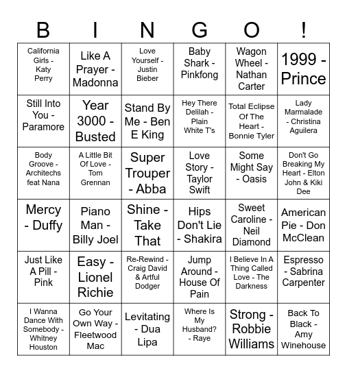 Our House Musical Bingo Card