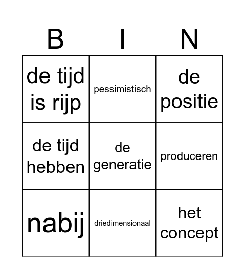 Toekomst Bingo les 5 Bingo Card