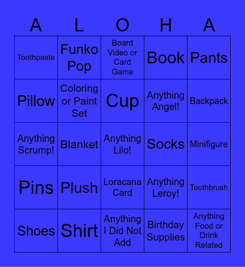 Stitch Merchandise Bingo Card