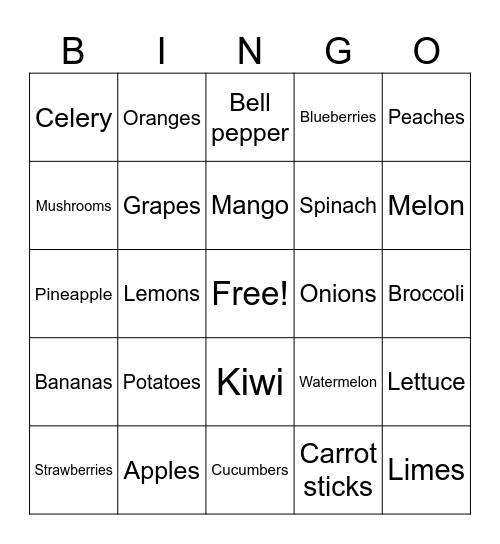 Fresh Fruits & Veggies Bingo Card