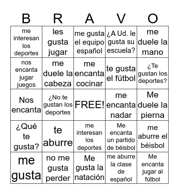 Gustar and Similar Verbs Bingo Card
