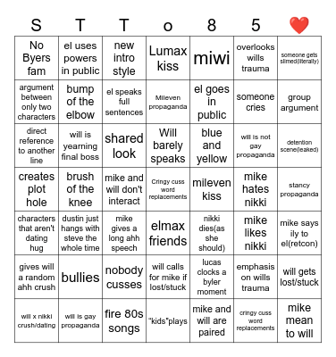 Stranger Things Tales of 85 Bingo Card