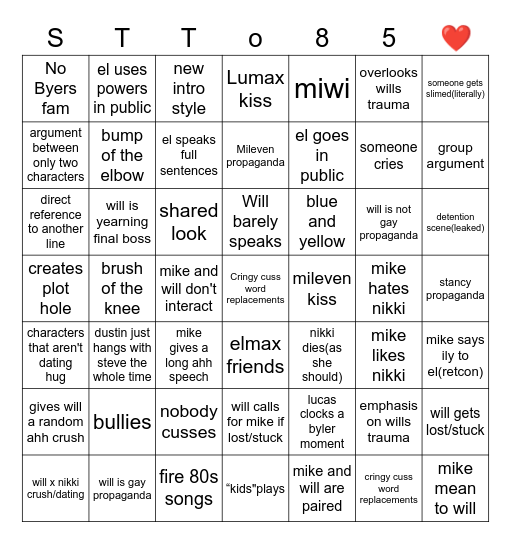 Stranger Things Tales of 85 Bingo Card