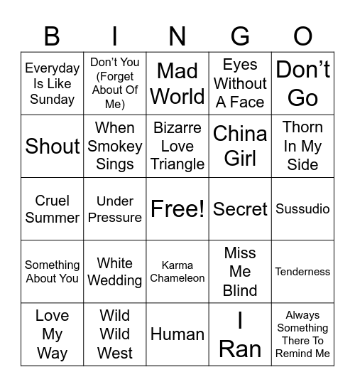 British Invasion Bingo Card