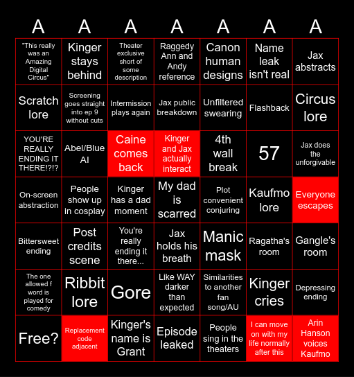 TADC Finale Bingo Card