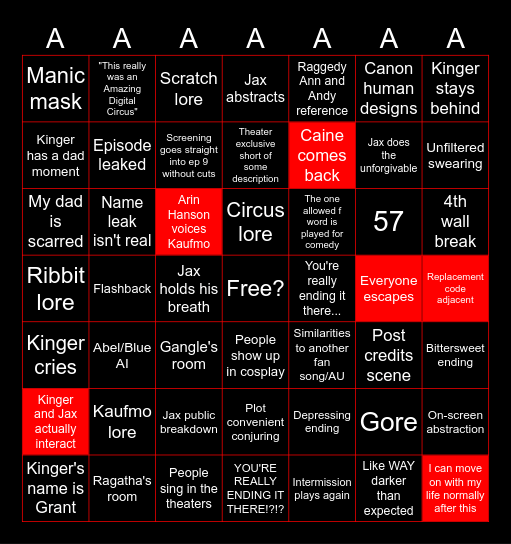 TADC Finale Bingo Card