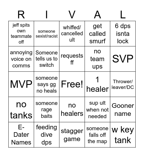 Rivals Drunk Nights Bingo Card