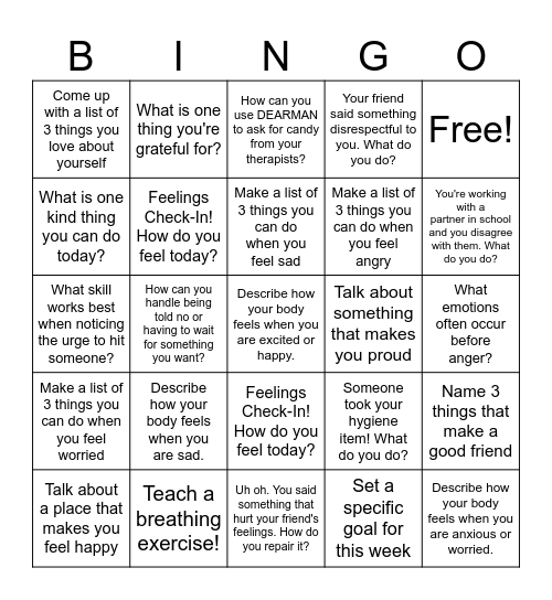 Social Emotional Bingo! Bingo Card