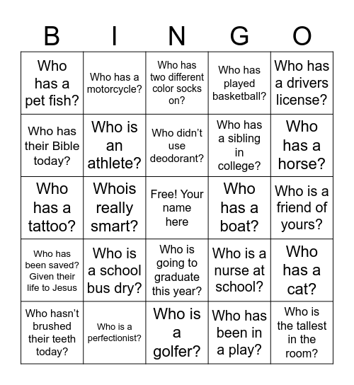 Who has ? / Who is ? Bingo Card