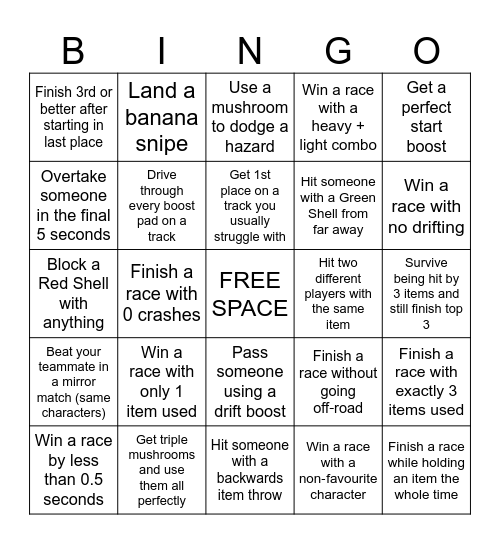 Double Dash Bingo Card