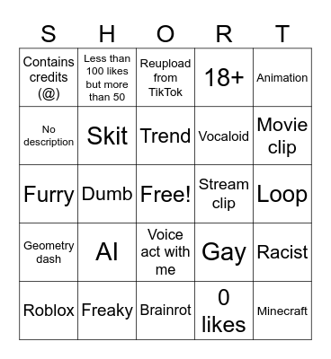 YT shorts bingo Card
