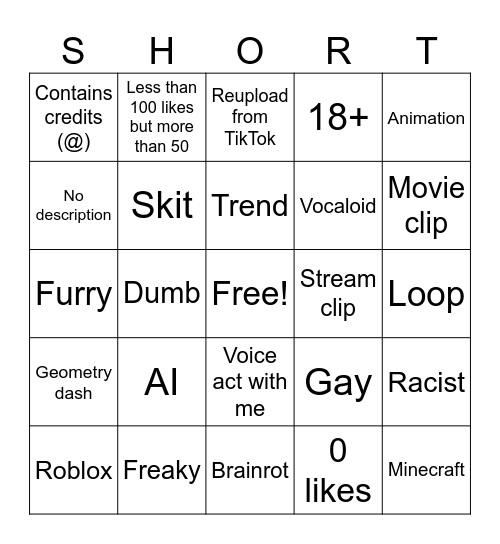 YT shorts bingo Card