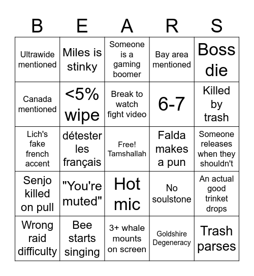 Raid Night Bingo Card