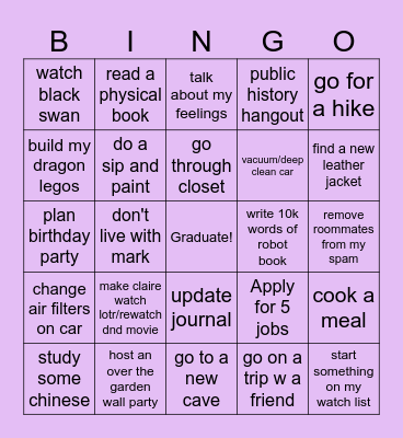 Ellen's goals for the rest of 2026 Bingo Card