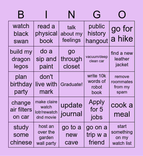 Ellen's goals for the rest of 2026 Bingo Card