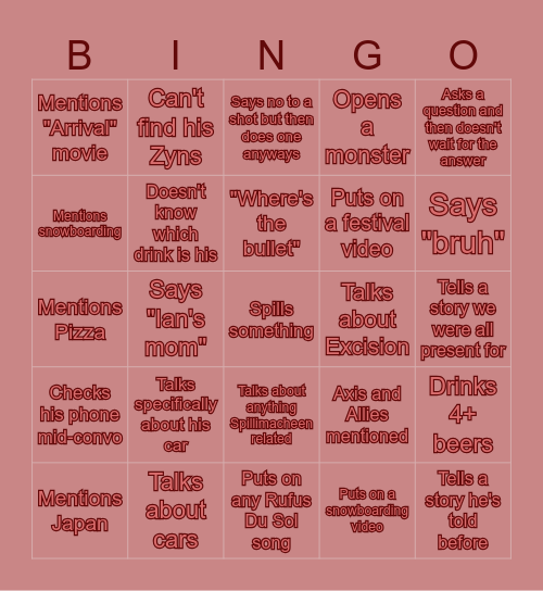 Finn's 27th Birthday Bingo Card