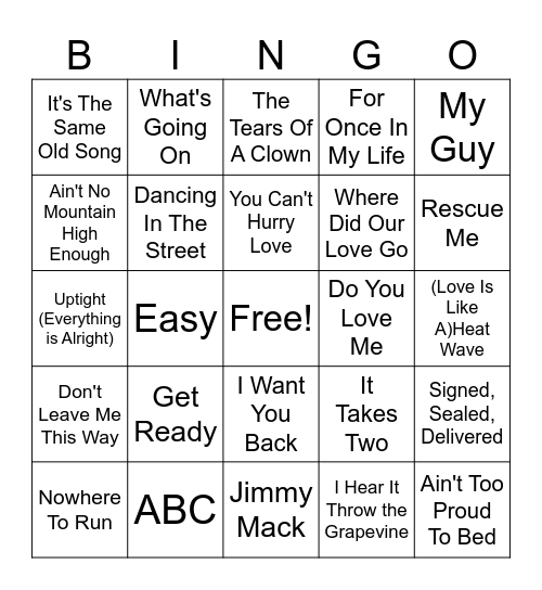 50's Motown Bingo Card