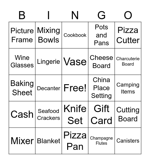 Bridal Gift Bingo Card