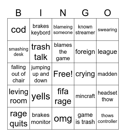 gamer rage Bingo Card