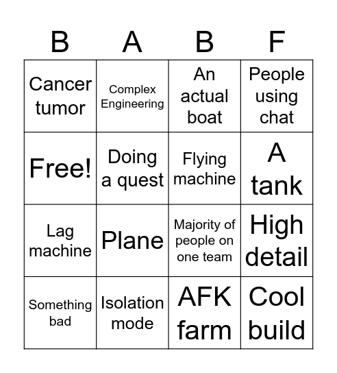 Build a boat Bingo Card