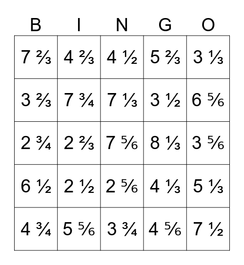 Subtracting Mixed Number Bingo Card