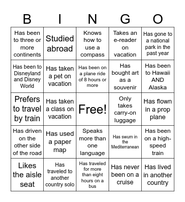 Travel Bingo - Find a person who... Bingo Card
