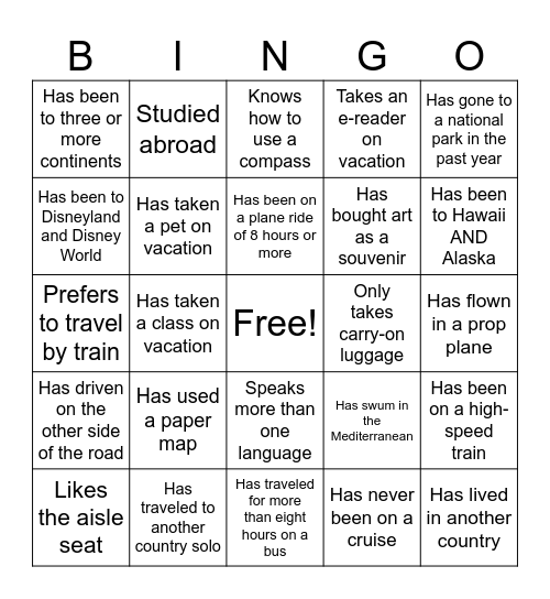 Travel Bingo - Find a person who... Bingo Card