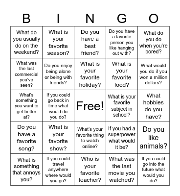 Friendship Bingo Card