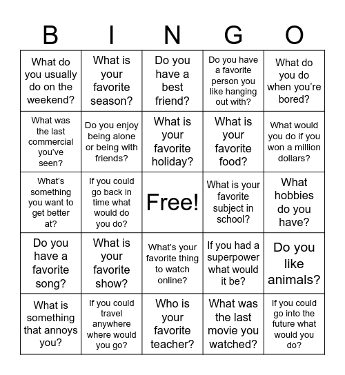 Friendship Bingo Card