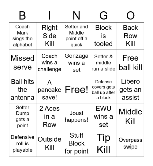 Volleyball Bingo Card