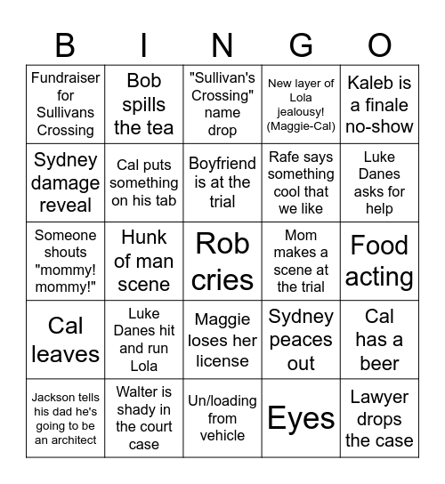 Sullivan's crossing Bingo Card