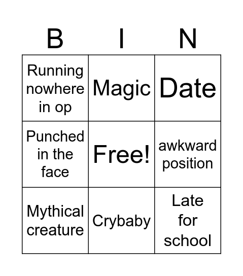 Anime Bingo Card