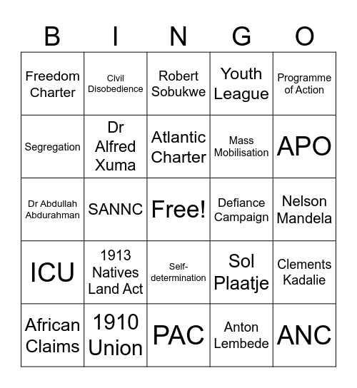 African Nationalism Bingo Card