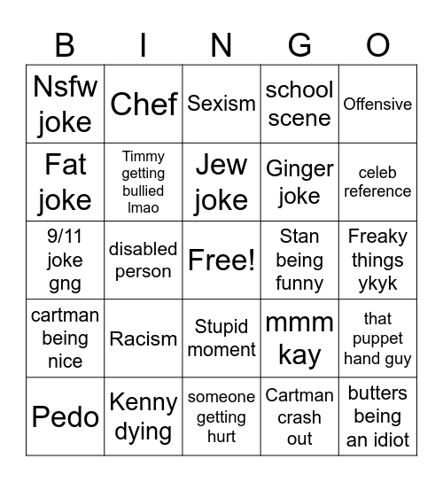 South Park bingo Card