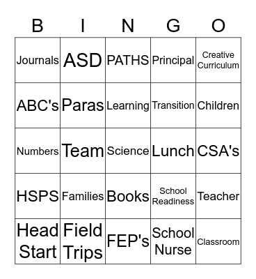 ASD - HEAD START Bingo Card