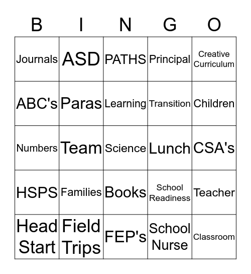 ASD - HEAD START Bingo Card