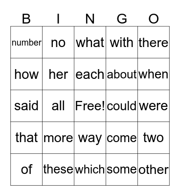 Fry First 100 Words Bingo Card