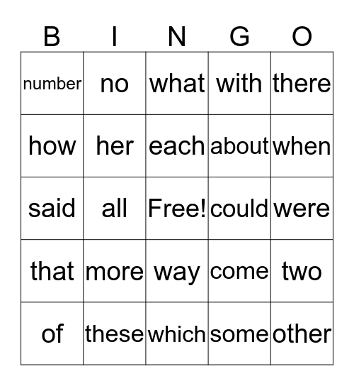 Fry First 100 Words Bingo Card