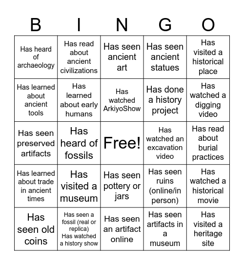 Archaeology Bingo Card