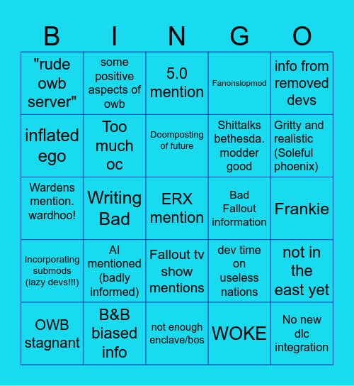 The Bingo Billy Bingo OWB Video Sheet! Bingo Card