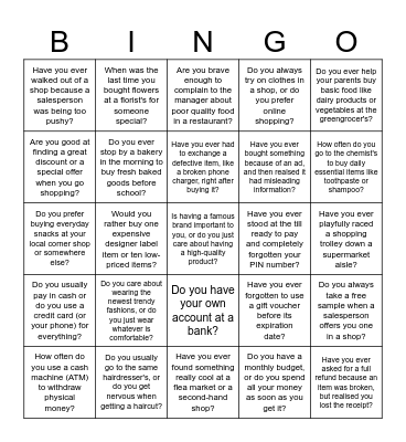Shopping and Services Bingo Card