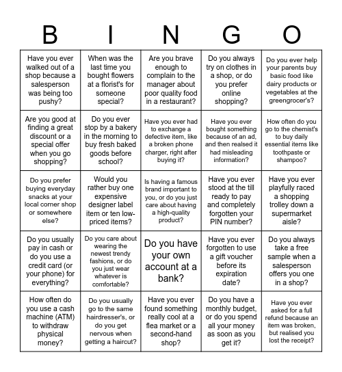 Shopping and Services Bingo Card