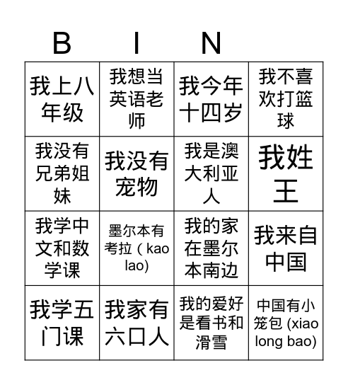 Task 2 Speaking Bingo Card