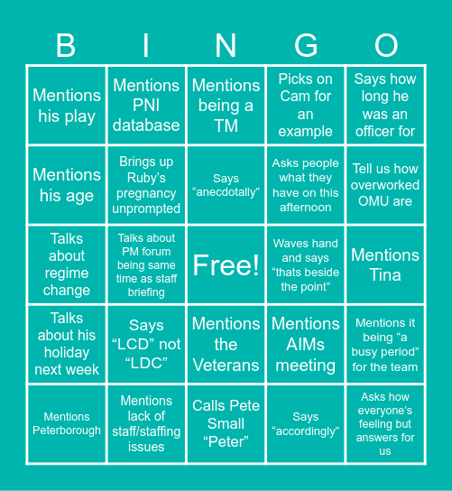 Debrief Bingo Card