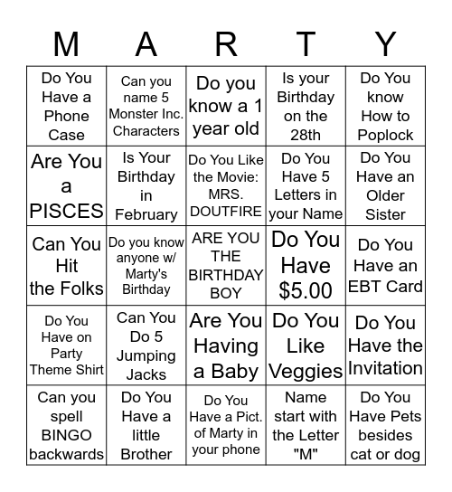 MARTY UNIVERSITY Bingo Card