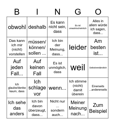 German 5 Argumentieren Bingo Card