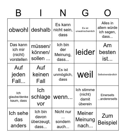 German 5 Argumentieren Bingo Card