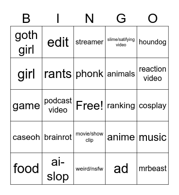 YT shorts bingo Card