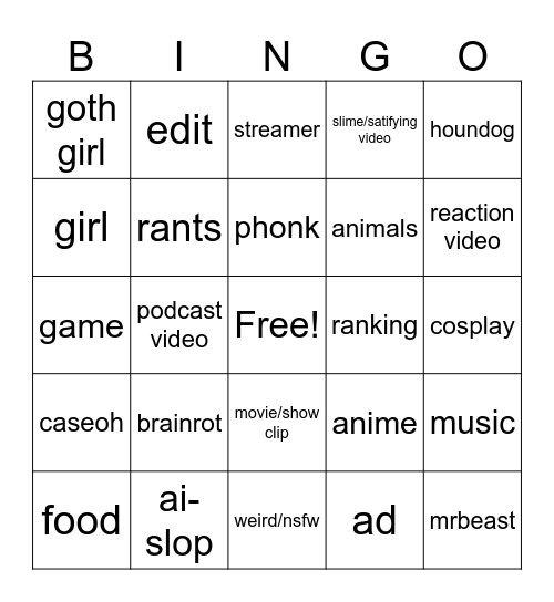 YT shorts bingo Card